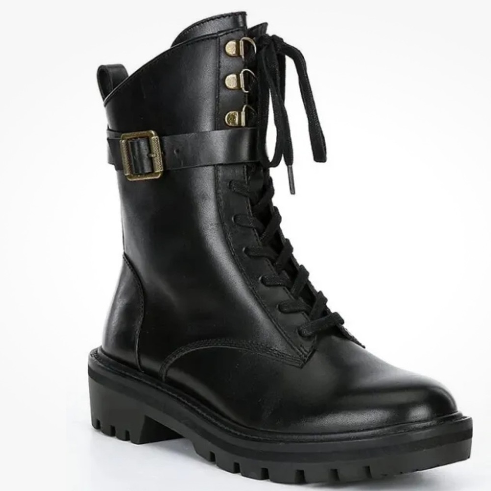 NWT Antonio Melani Black Dylan Buckle Leather Lug Sole Combat Booties Size 8